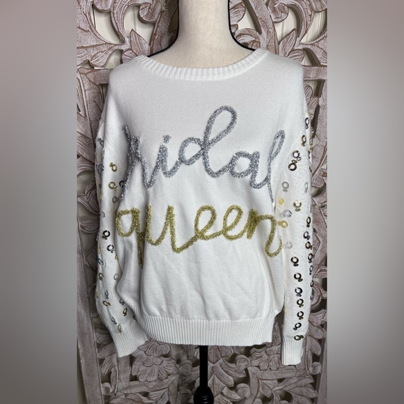 NWT Queen of Sparkles Bridal Queen White Crewneck Sweater Sz XL - Picture 3 of 10